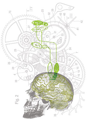 Graphic of skull, brain, machine cogs